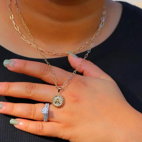2 LAYER GOLD LETTER INITIAL COIN ROUND/CIRCLE PENDANT DAINTY NECKLACE, ELDM22154 - Picture 9 of 13
